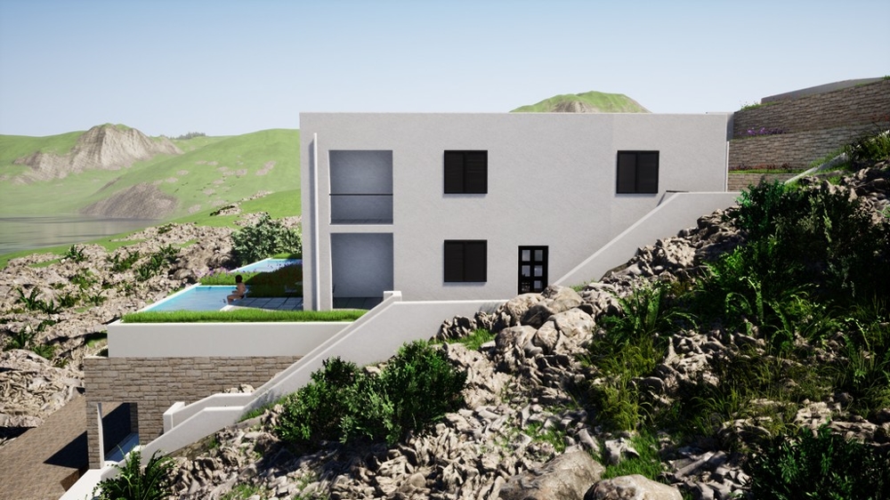 Terasz tengerre néző kilátással és medencével