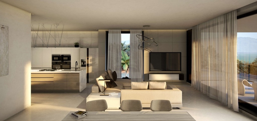 Modern kialakítású nappali és étkező.