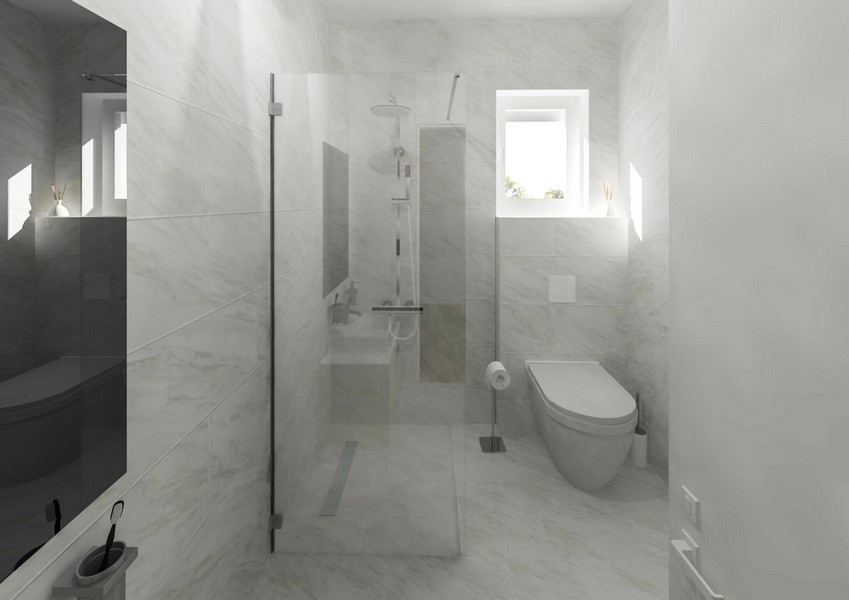 Fürdőszoba ablakkal és zuhanyzóval