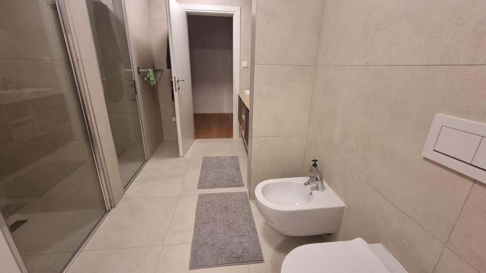 Egy modern horvátországi apartman fürdőszobája zuhanyzóval, WC-vel és mosdóval.