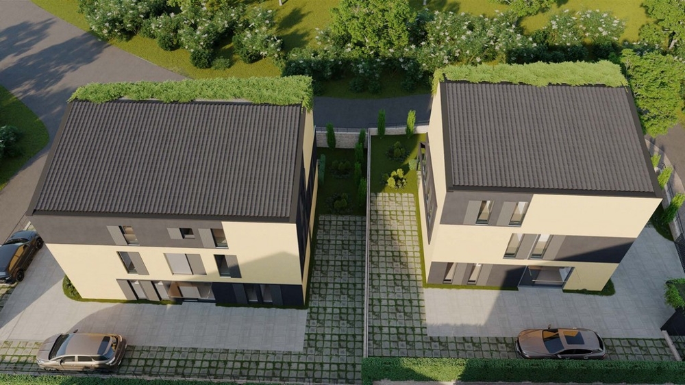 Horvátországi ingatlan, két modern lakás madártávlatból eladó Krk szigetén a környező kertekkel