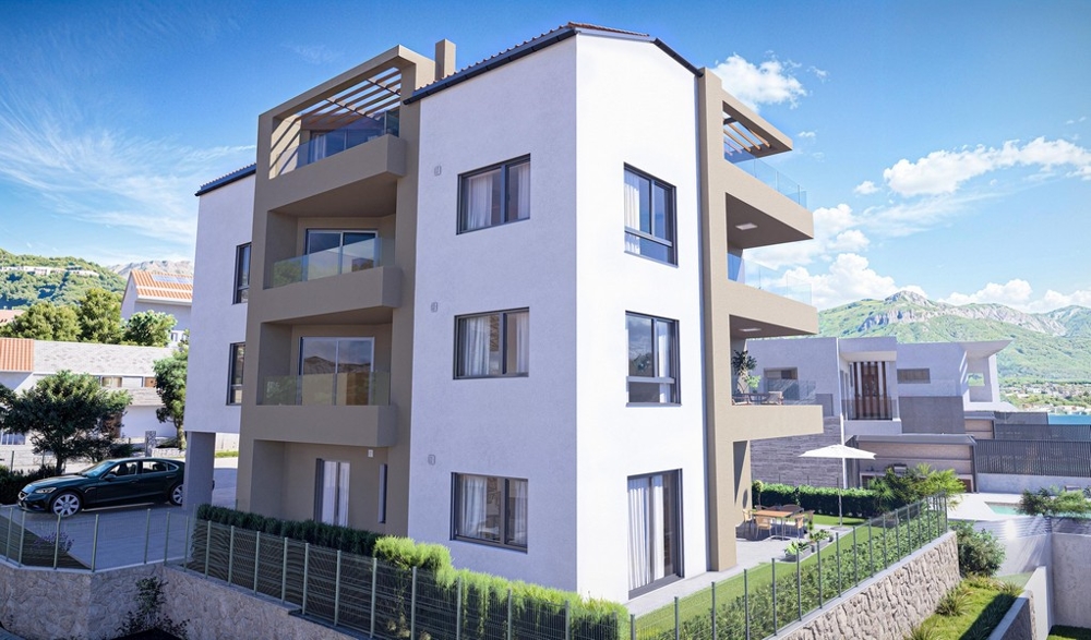 Tengerre néző erkély és a szomszédos, piros tetős fehér házakra. Panoráma felderítés, lakásvásárlás Horvátországban