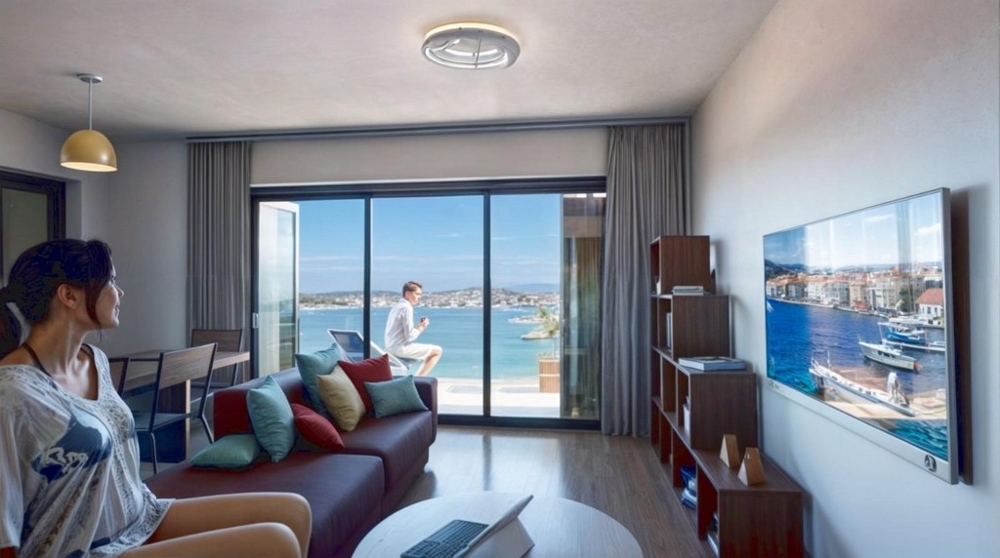 Tengerre néző kilátás az A3443 modern apartmanból Horvátországban.