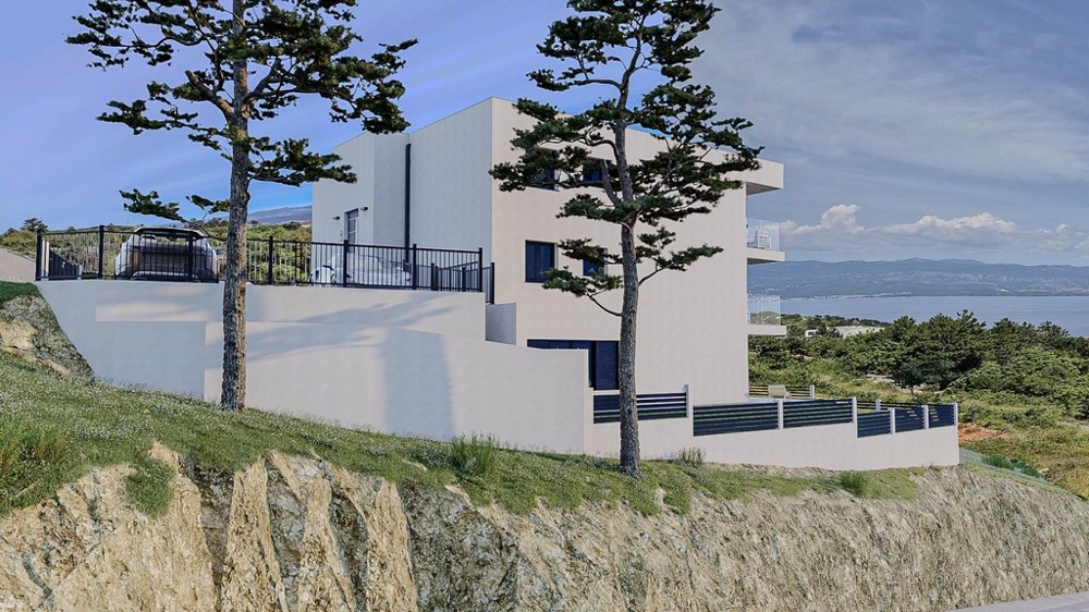 Oldalnézetből a modern új épület A3480 Vrbnikben, Krk szigetén.