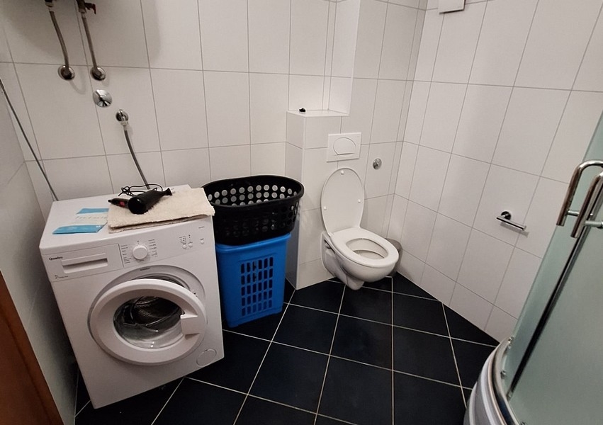 Fürdőszoba mosógéppel és WC-vel