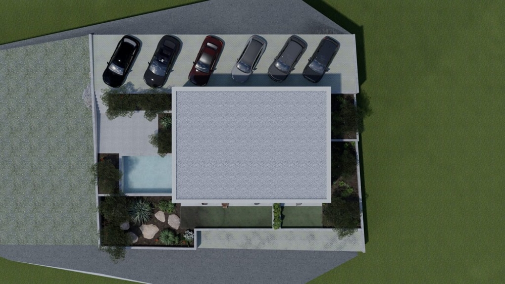 Felülnézeti lakóépületek parkolóhellyel és medencével