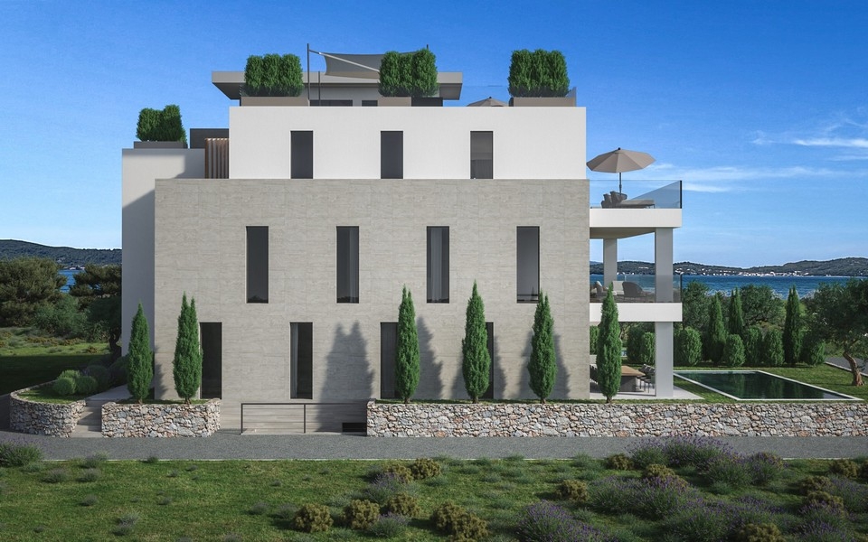 Kilátás az erkélyről a tengerre és a tengerparti tájra