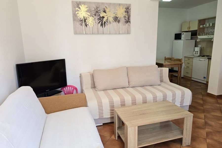 Nappali kanapéval, dohányzóasztallal és TV-vel