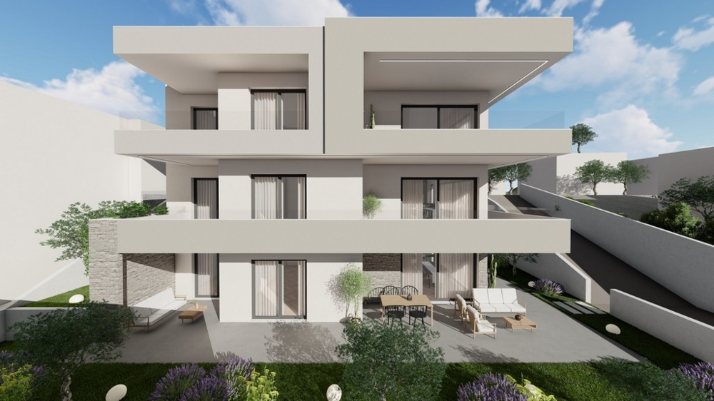 Modern építészet tágas teraszokkal és mediterrán kerttel