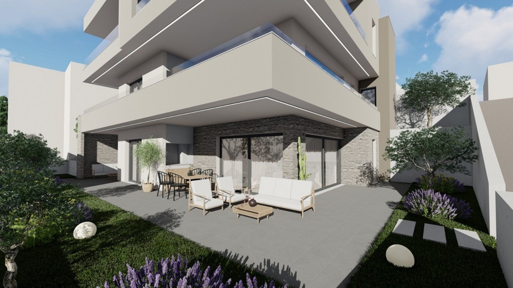 Fedett terasz nappali bútorokkal és kilátással a vidékre