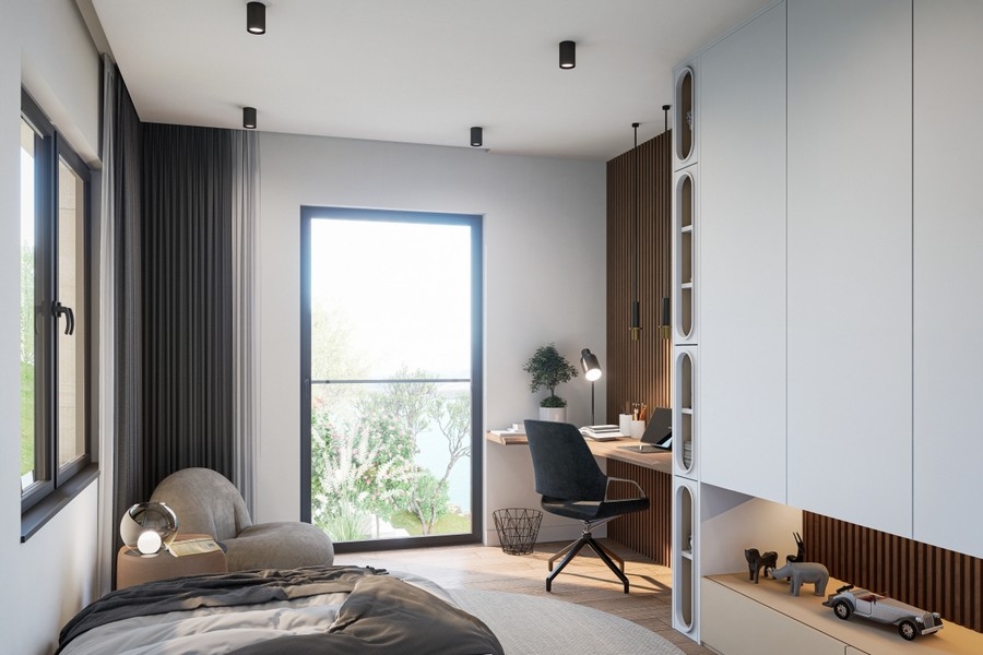 Világos hálószoba modern belsővel