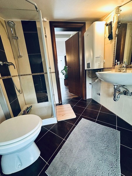 Fürdőszoba zuhanyzóval és WC-vel
