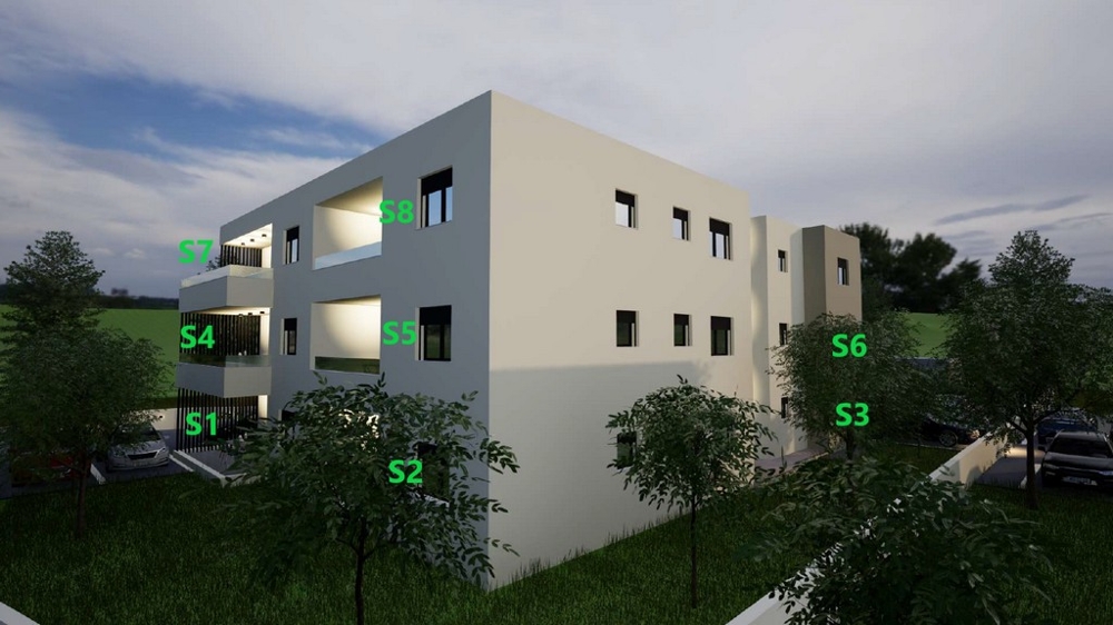 A lakóépület vizualizációja az apartmanok elhelyezkedésével