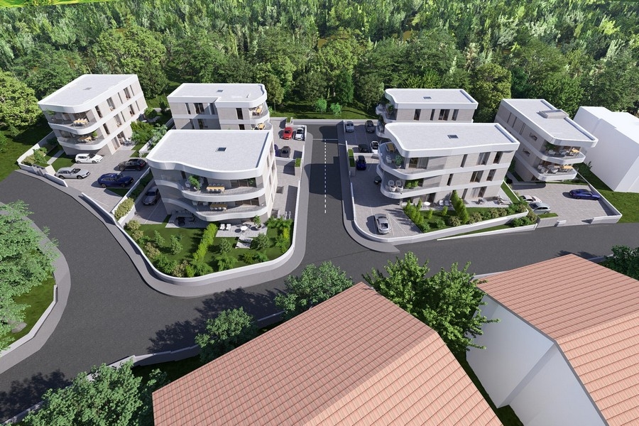 Penthouse Krk városában, madártávlatból a komplexum tetőteraszaira