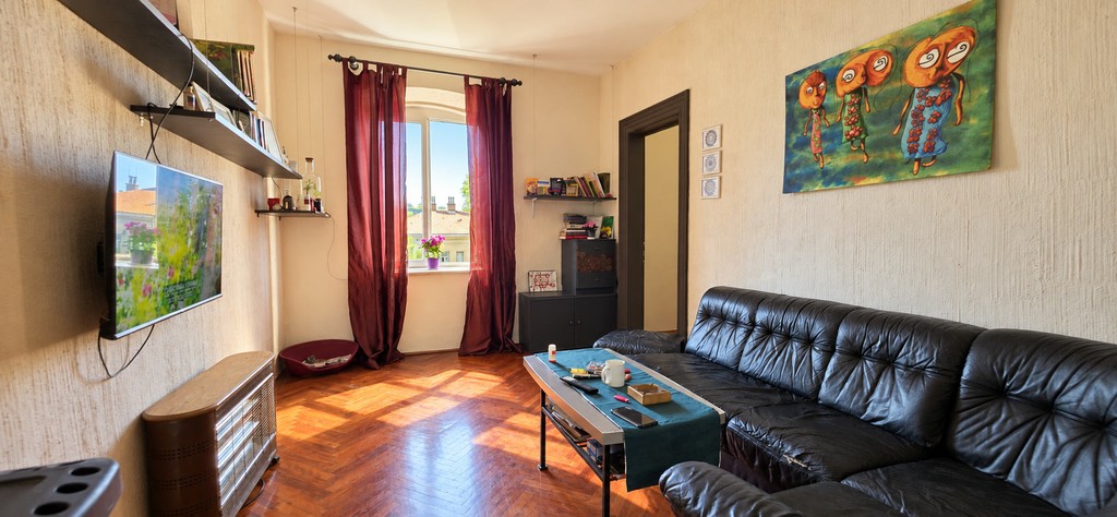 Nappali bőrkanapéval és televízióval