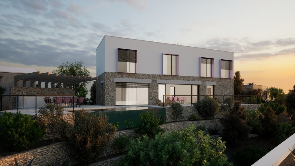 Modern kétszintes ház naplementekor, tökéletes ingatlanok Horvátországban a kortárs élethez