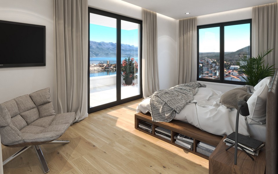 Tengerre néző hálószoba.