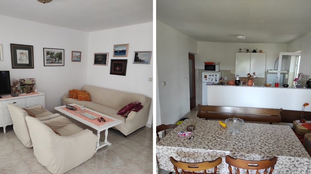 Nappali, konyha és étkező.