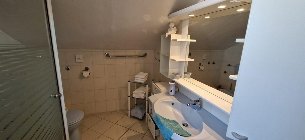 Nagy fürdőszoba zuhanyzóval és káddal