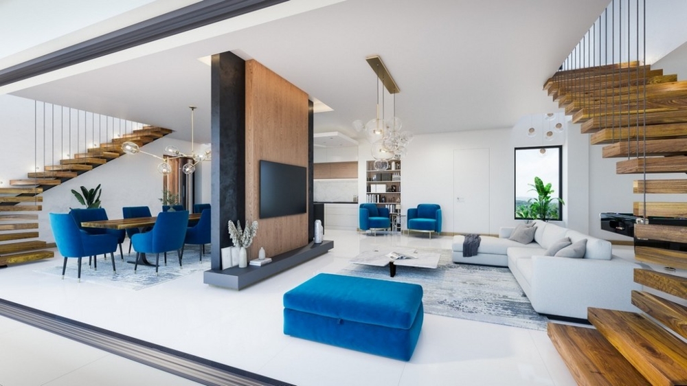 Belső lépcsők vezetnek a nappaliból a H2713 villa felső emeletére, Isztria közelében Porec - Panorama Scouting.