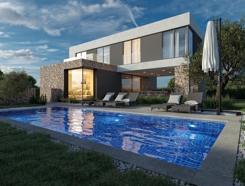 Modern villa kilátással a medencére és a tengerre