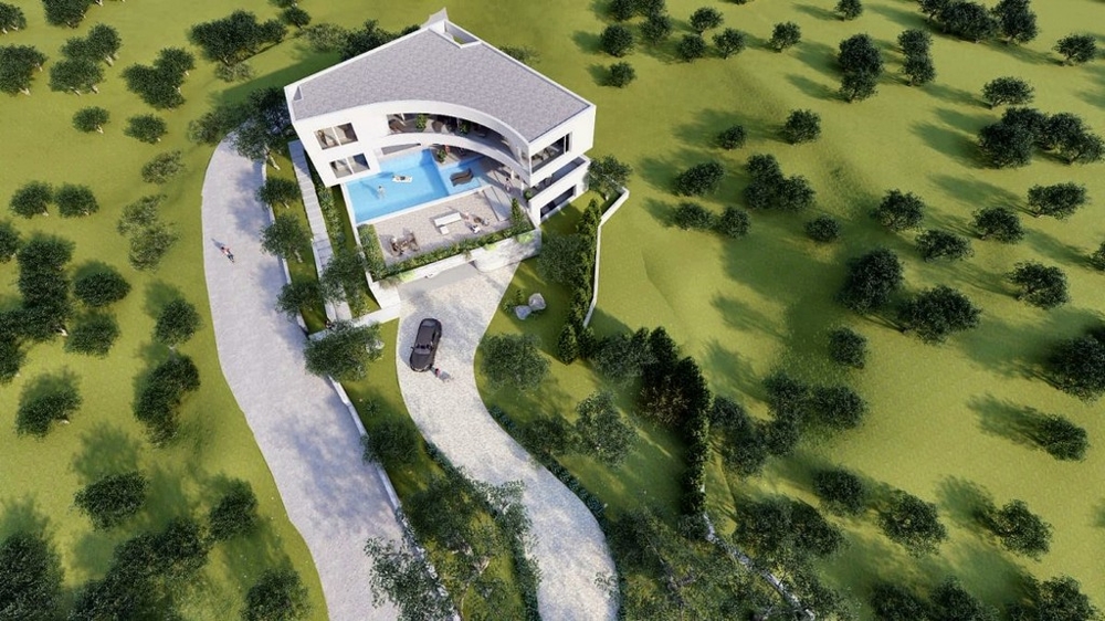 Egy horvátországi design-orientált villa légifelvétele medencével és tágas kerttel, távol a nyüzsgéstől, igényes vásárlóknak - luxus ingatlan Horvátországban.
