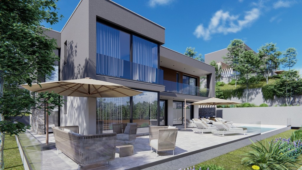 Egy modern villa részlete kültéri terasszal és napernyővel Horvátországban.