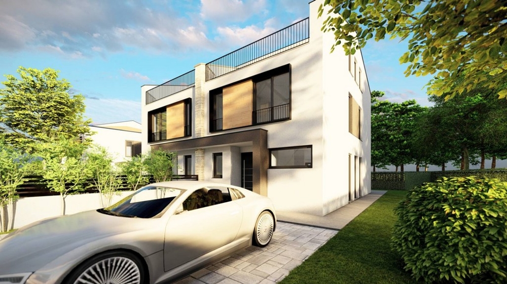 Oldalnézetből a modern ikerház autóval és lombos kerttel