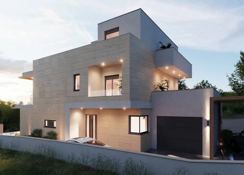 Stílusos hálószoba egy horvát villában, tengerre néző, nagy franciaággyal, két éjjeli lámpával és puha függönyökkel