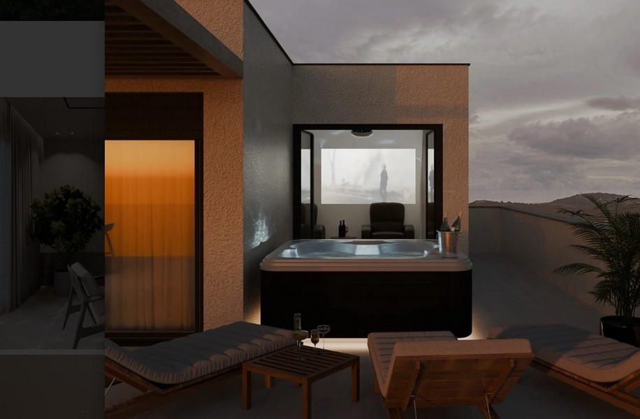 Hangulatos házimozi két fotellel, vetítővászonnal és egy üveg borral egy kisasztalon egy tengerre néző villában