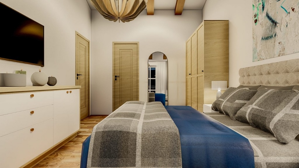 Tengerre néző mediterrán villa, Krk szigete, hálószoba TV-vel és faajtókkal