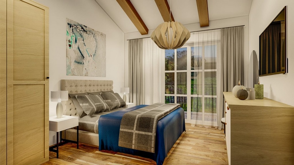 Hálószoba nagy franciaággyal, kék és szürke csíkos mennyezettel, fapadlóval és vidéki környezetre néző nagy ablakokkal.