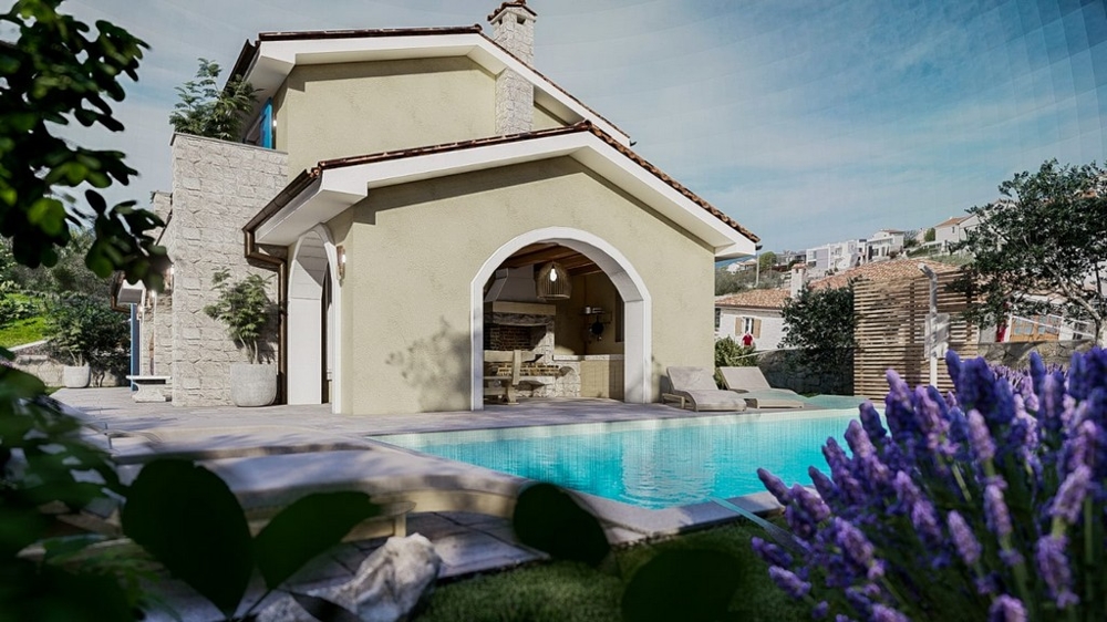 Mediterrán villa medencével és fedett terasszal Krk szigetén