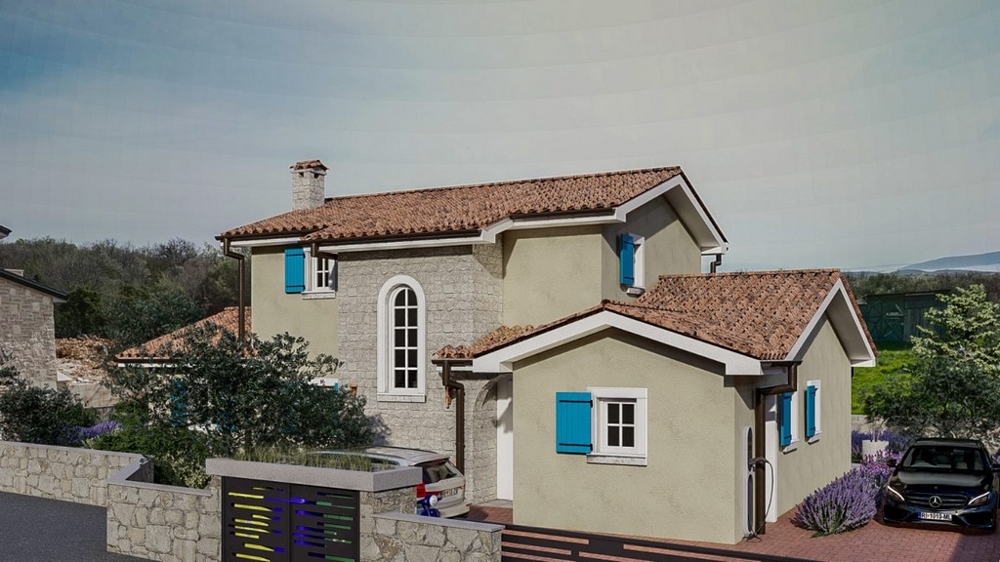 Külső kilátás egy kőfalas, mediterrán luxusvillára Krk szigetén