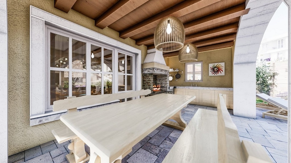 Fedett szabadtéri terasz étkezőasztallal egy mediterrán villában Krk szigetén