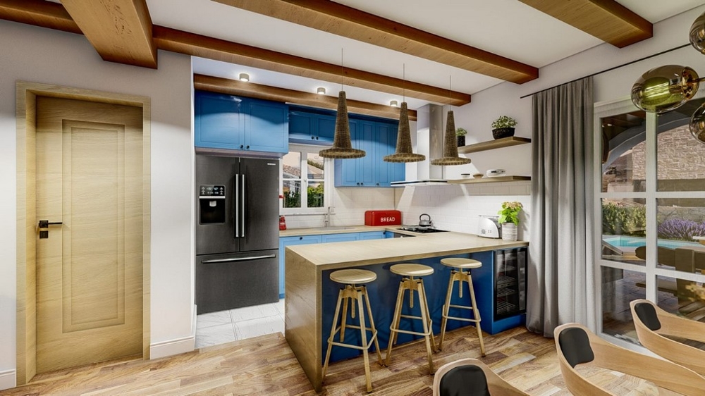 Modern konyha egy mediterrán villában, kilátással a tengerre Krk szigetén