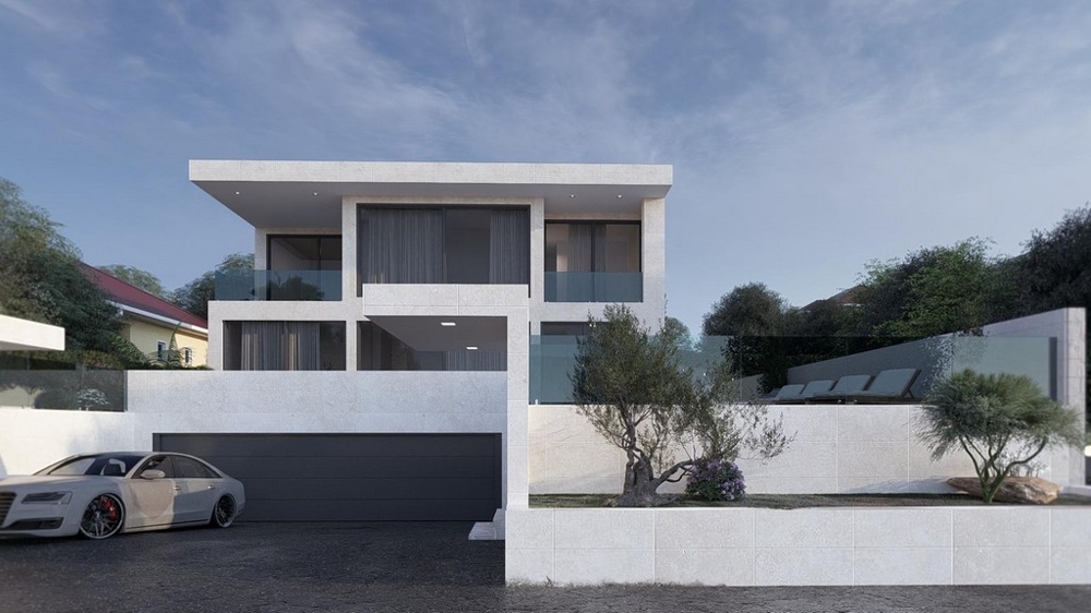 Modern kétszintes villa nagy ablakokkal, erkéllyel és dupla garázzsal, elegáns autóval elöl, a horvátországi Drage városában található.