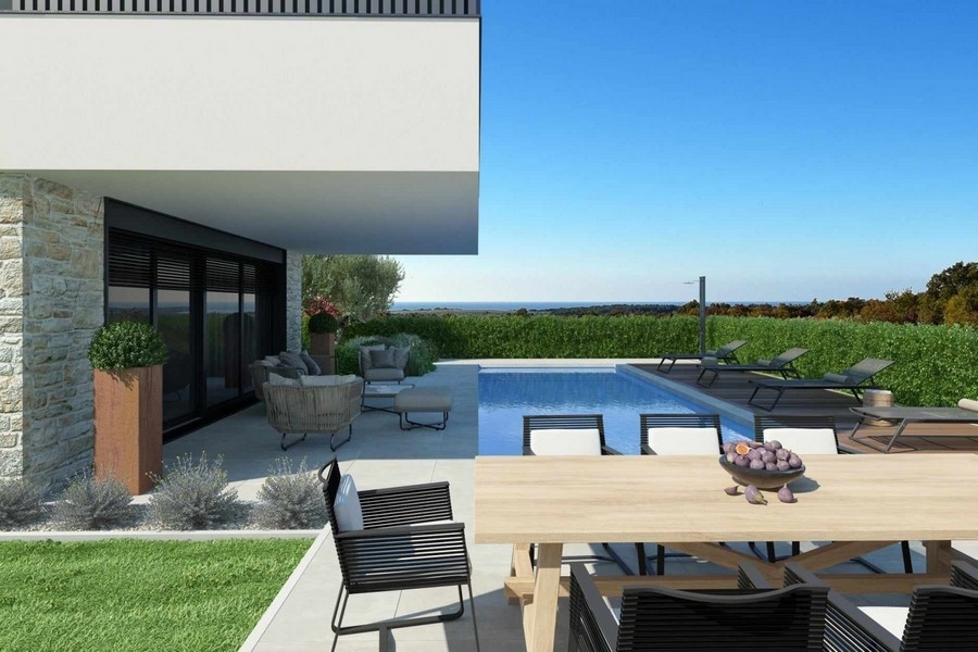 Modern terasz medencével és ülősarokkal