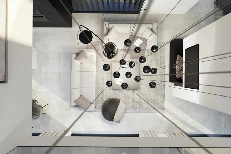 Légi felvétel a nappali modern designnal