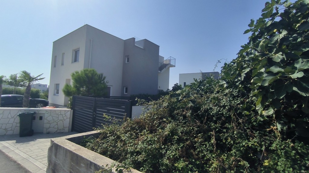 Külső kilátás modern ház zöld sövény és pálmafák.