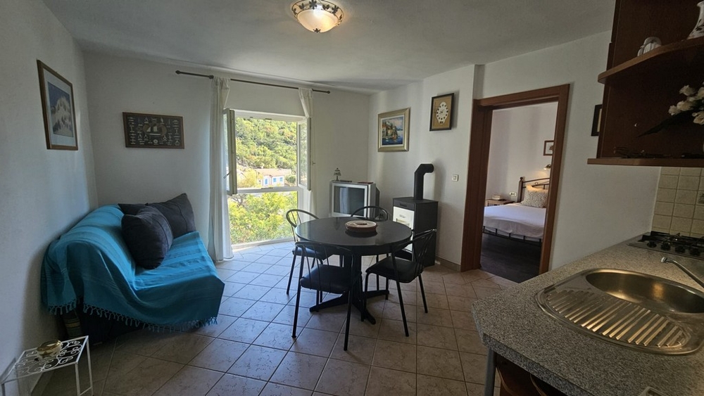 Nappali kanapéval, étkezőasztallal és konyhasarokkal