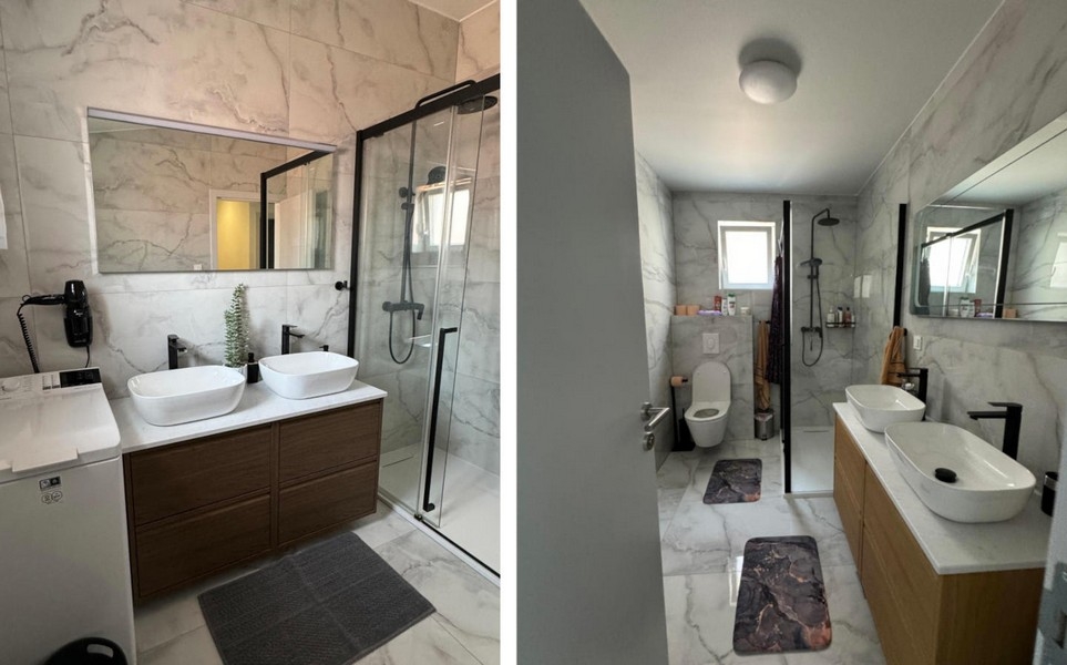 Modern fürdőszoba zuhanyzóval és dupla mosdóval