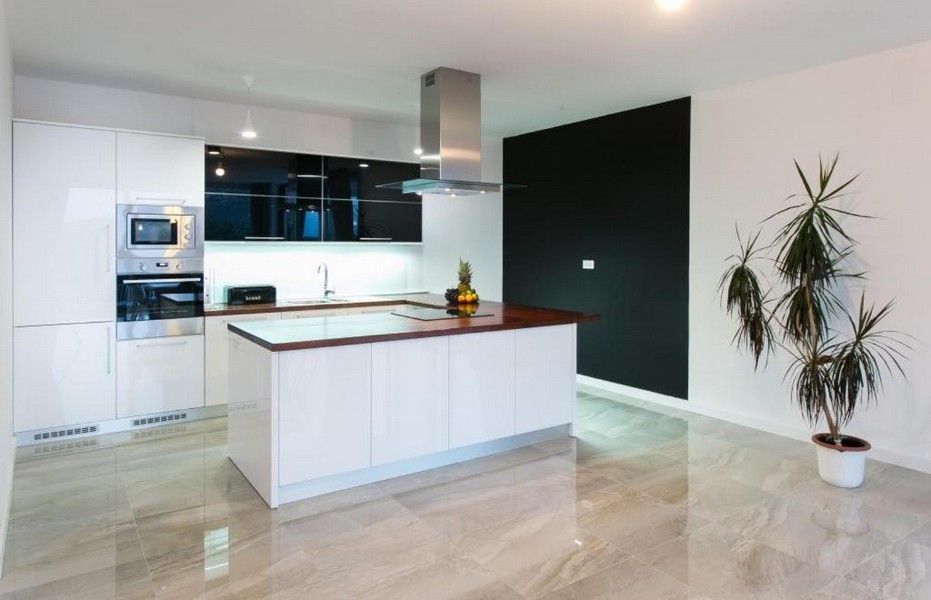 Modern felszerelt konyha főzőszigettel és kilátással a kertre