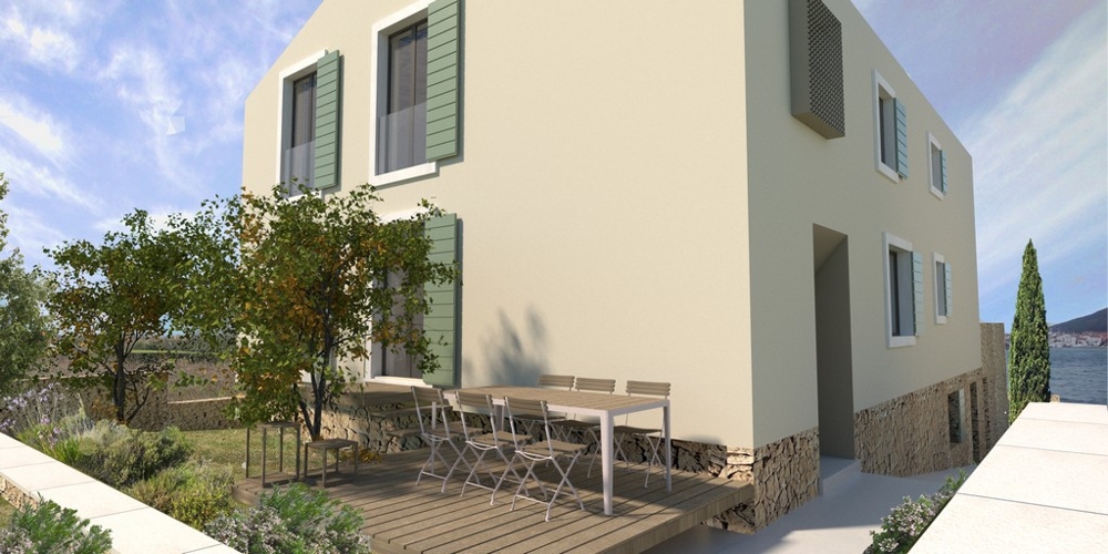 A ház külső nézetének vizualizálása közvetlenül a tenger mellett