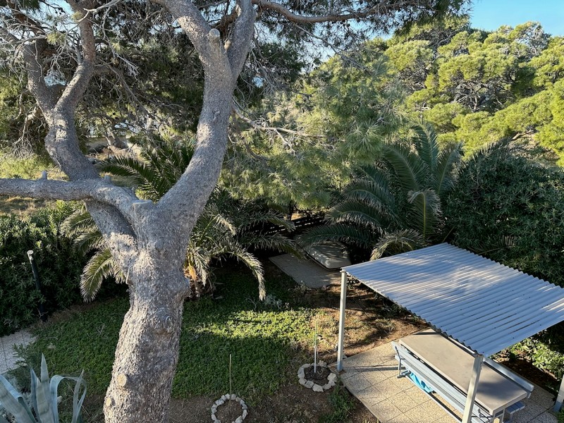 Kert mediterrán növényekkel és árnyékos szabadtéri ülősarokkal