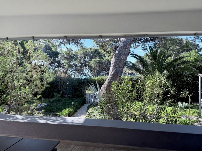 Kilátás az erkélyről a zöld kertre, öreg fákkal és magánélettel