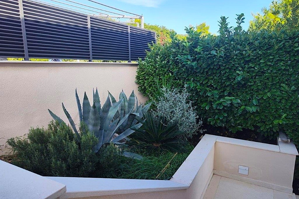 Kert mediterrán növényekkel és kőfalakkal