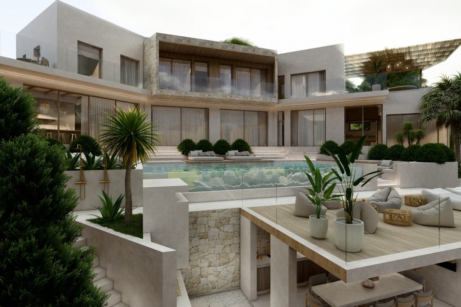 Modern villa úszómedencével és napozóterasszal a tenger mellett