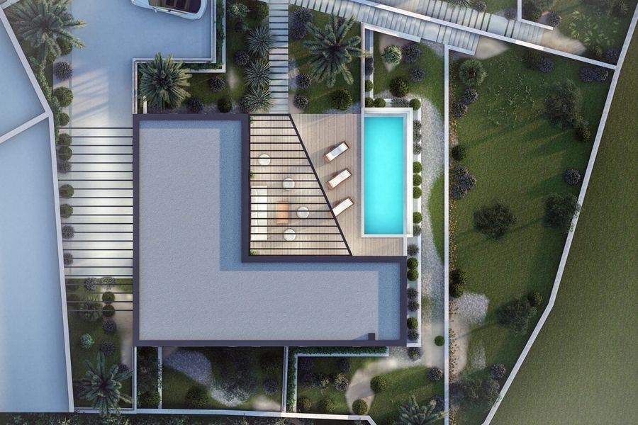 A villa külső nézete nagy ablakokkal