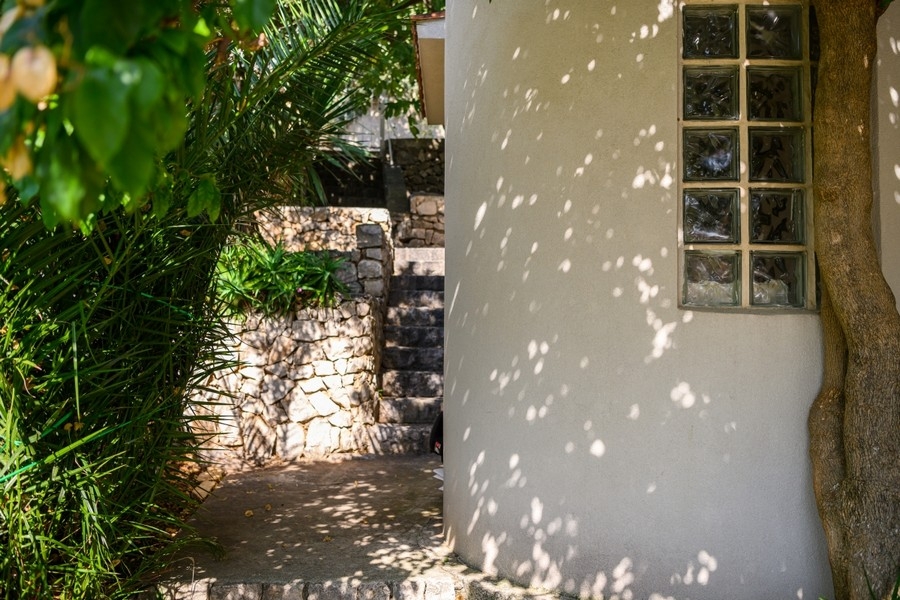 A mediterrán növényekkel rendelkező ikerház külső képe